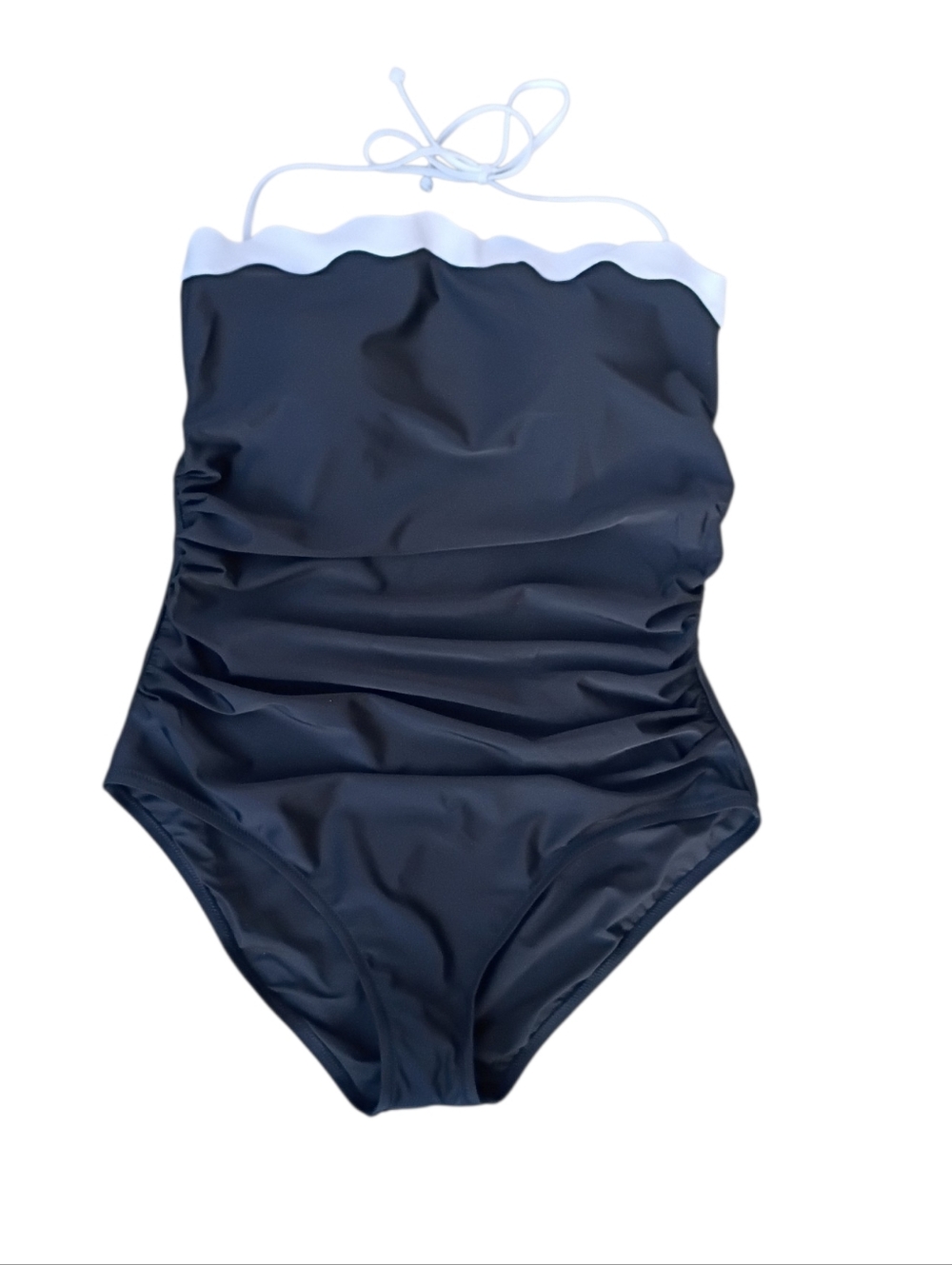 J. Crew 1-Piece Black Swimsuit with White Scallop Trim sz L NEW